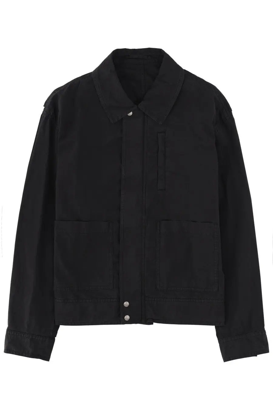 Dries Van Noten men’s black utility-style jacket with collar front button closure and two large patch pockets