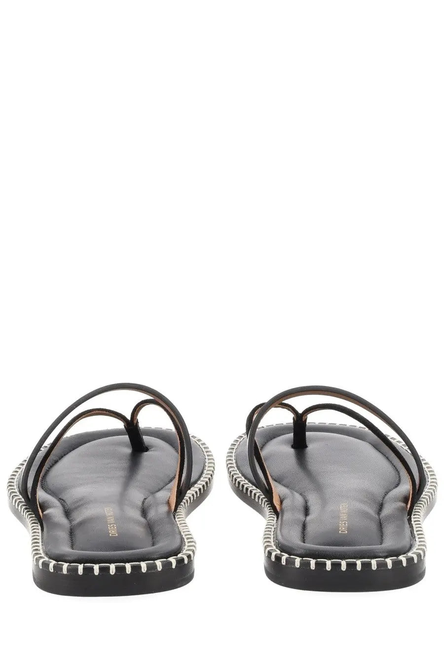 Dries Van Noten men’s black leather thong sandals with white stitching and minimalist design