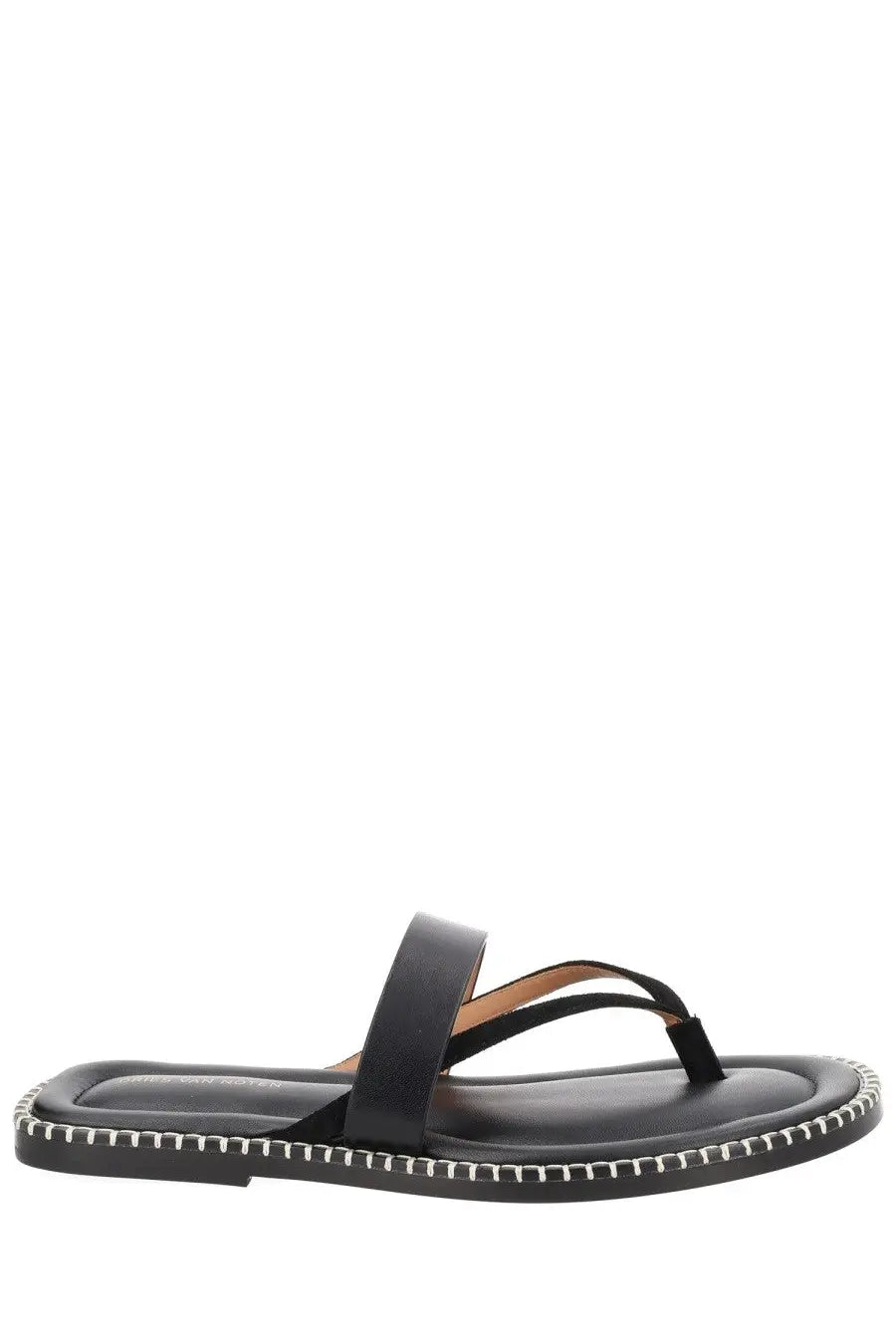 Dries Van Noten men’s black leather thong sandal with white stitching along the sole
