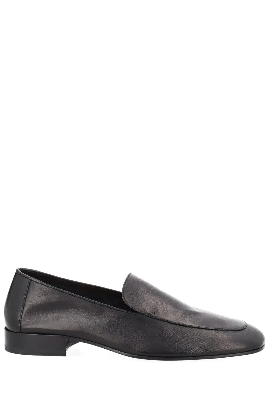 Dries van Noten men’s black leather loafer with sleek minimalist design and low block heel mocassino