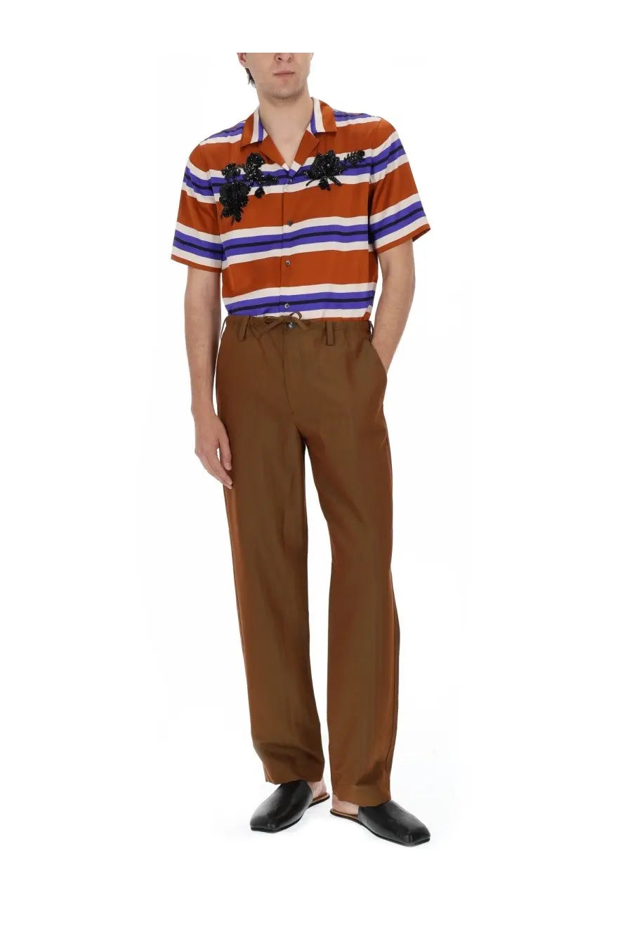 Orange blue and white striped short-sleeved shirt with black floral embroidery on the chest by dries van noten