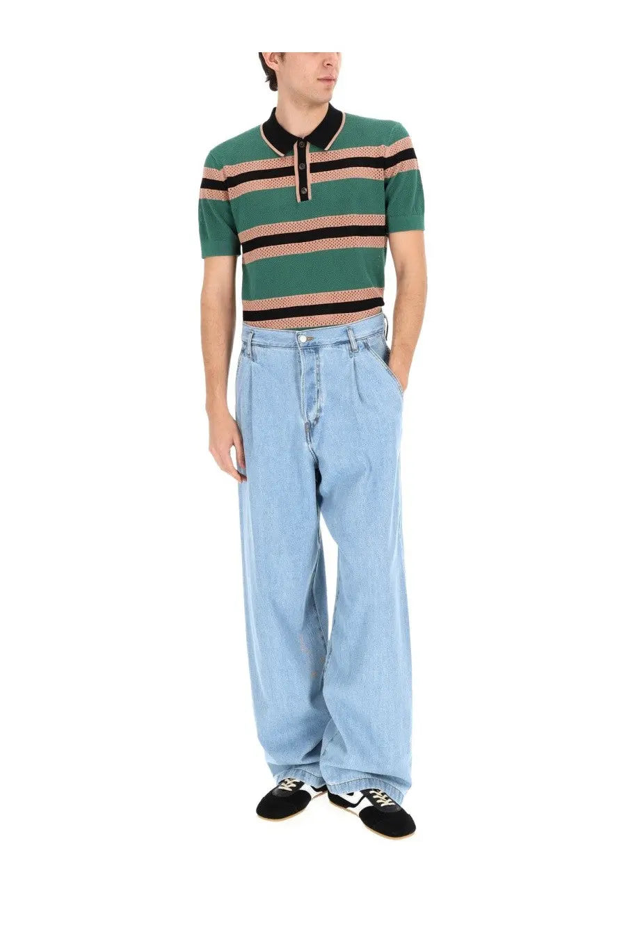 Dries Van Noten Men's Perforated Mercy Stripe Polo Shirt Green, view 2
