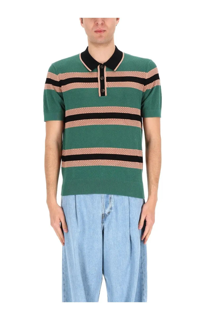 Dries Van Noten Men's Perforated Mercy Stripe Polo Shirt Green, view 3