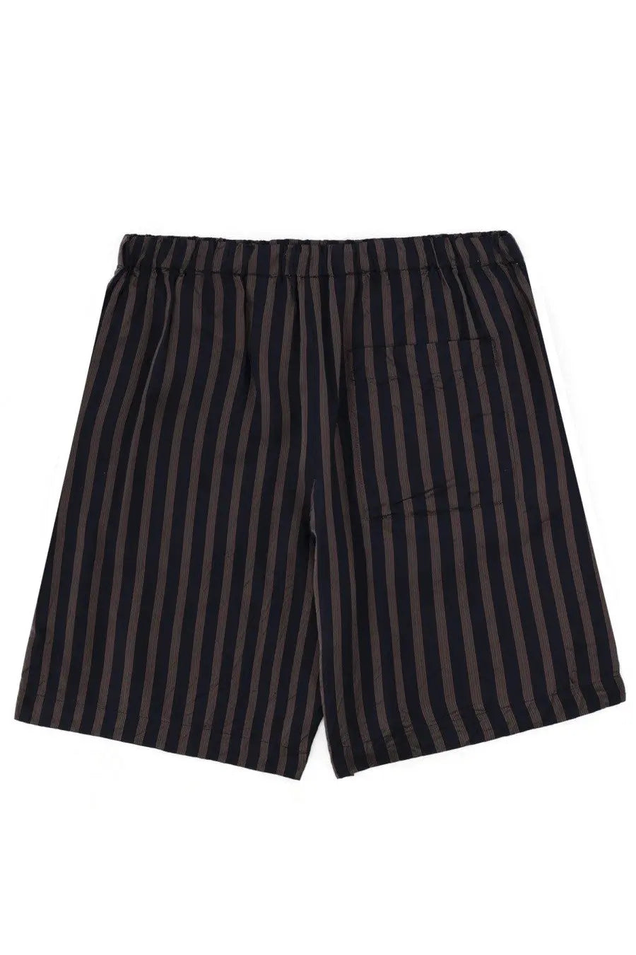 Dries Van Noten men’s piperi shorts in black and charcoal vertical stripes with elastic waistband