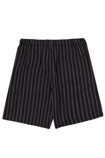 Dries Van Noten men’s piperi shorts in black and charcoal vertical stripes with elastic waistband