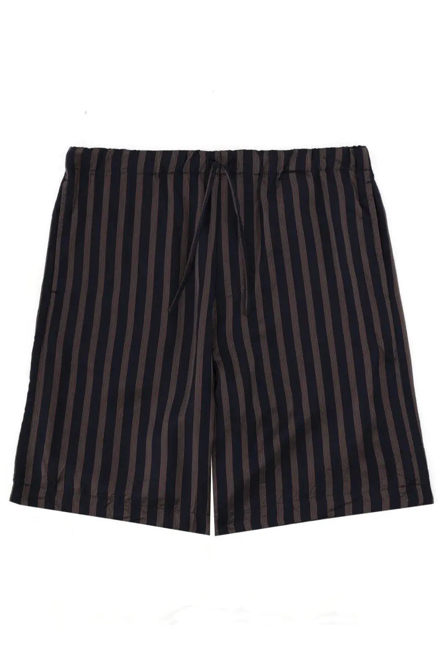 Dries Van Noten men’s piperi shorts in black and charcoal vertical stripes with elastic waistband and drawstring