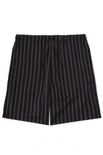 Dries Van Noten men’s piperi shorts in black and charcoal vertical stripes with elastic waistband and drawstring