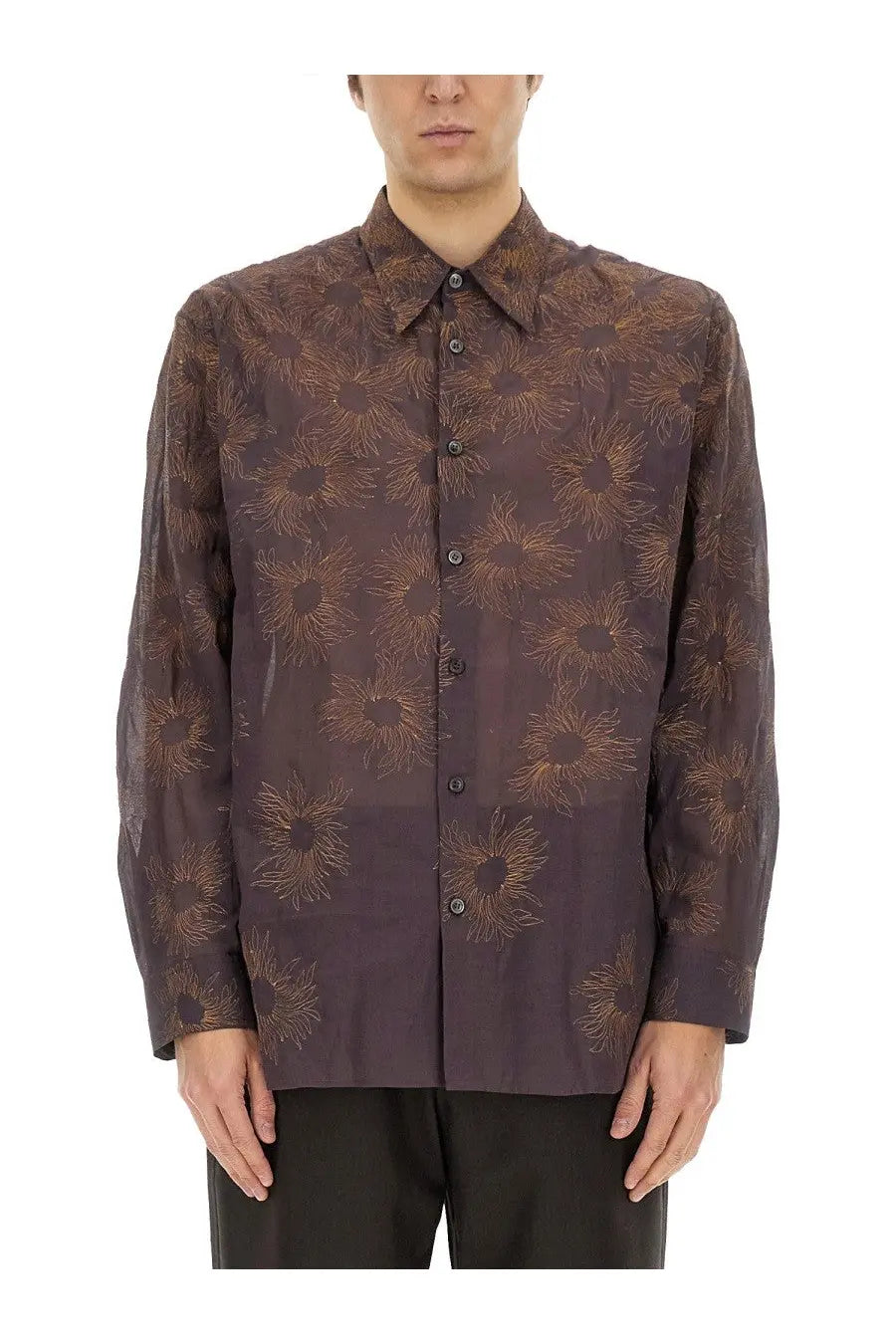 Dries Van Noten men’s printed shirt in dark brown semi-sheer fabric with subtle golden sunflower pattern