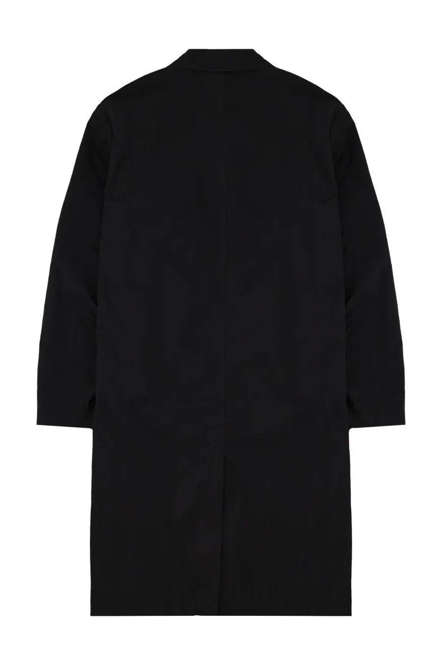 Black minimalist Dries Van Noten men’s rankles trench coat with sleek unadorned design front view