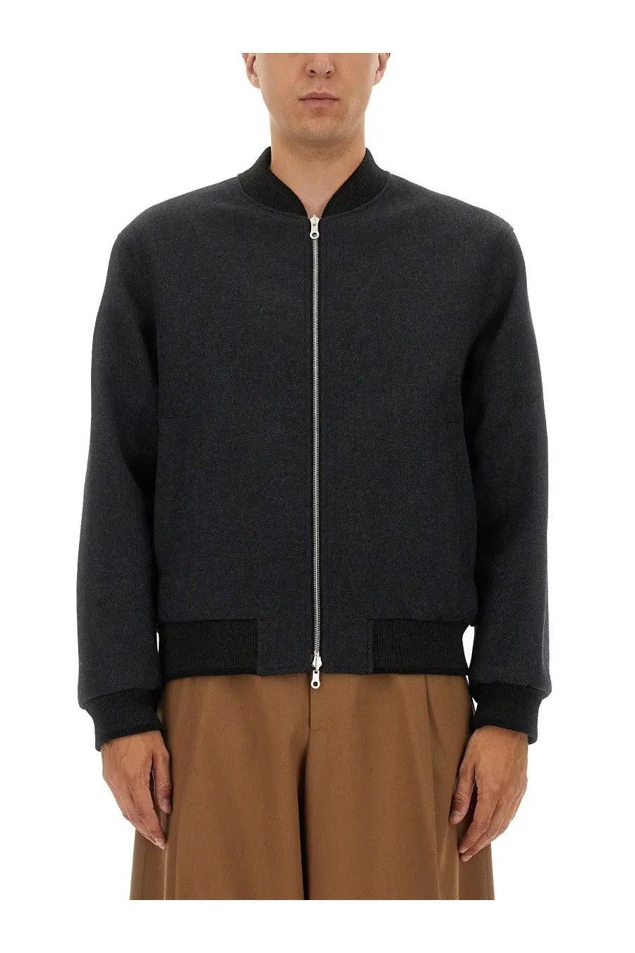 Dries Van Noten men’s black wool bomber jacket with ribbed cuffs and waistband and silver front zipper