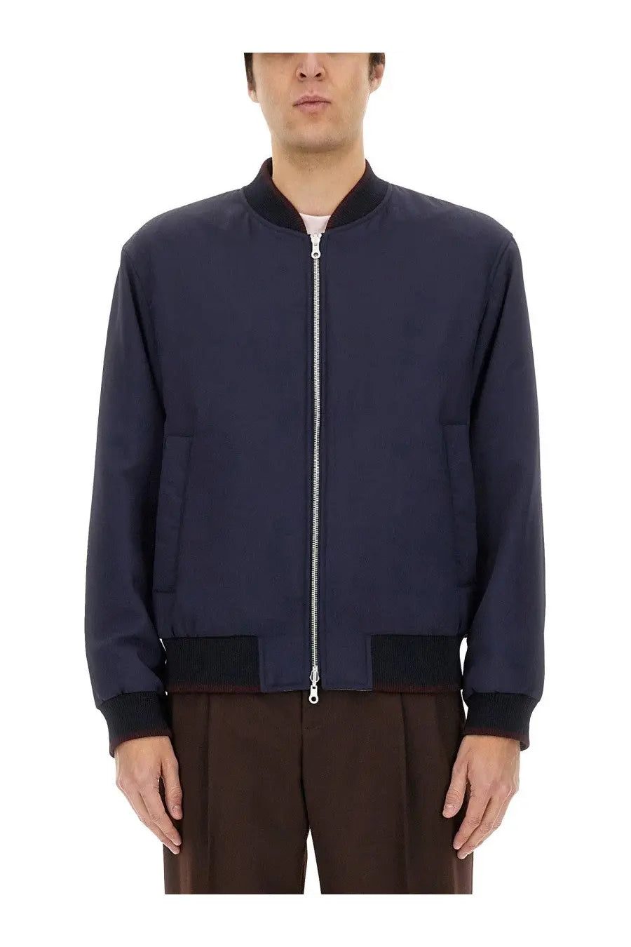 Navy blue Dries Van Noten men’s reversible bomber jacket with black ribbed cuffs waistband and silver zipper pull