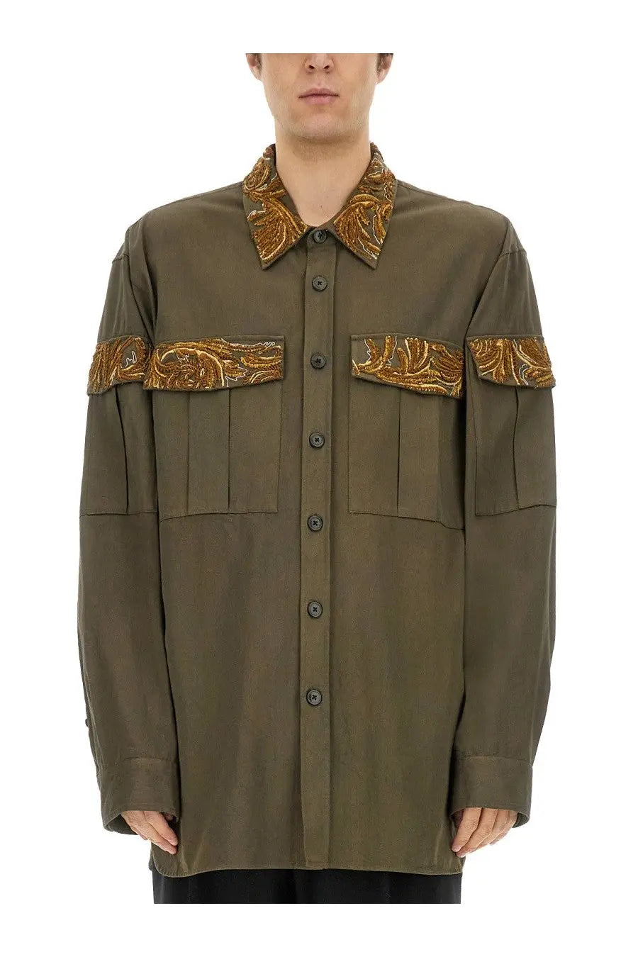 Olive green dries van noten men’s shirt with ornate gold paisley embroidery on collar sleeve cuffs and chest pockets