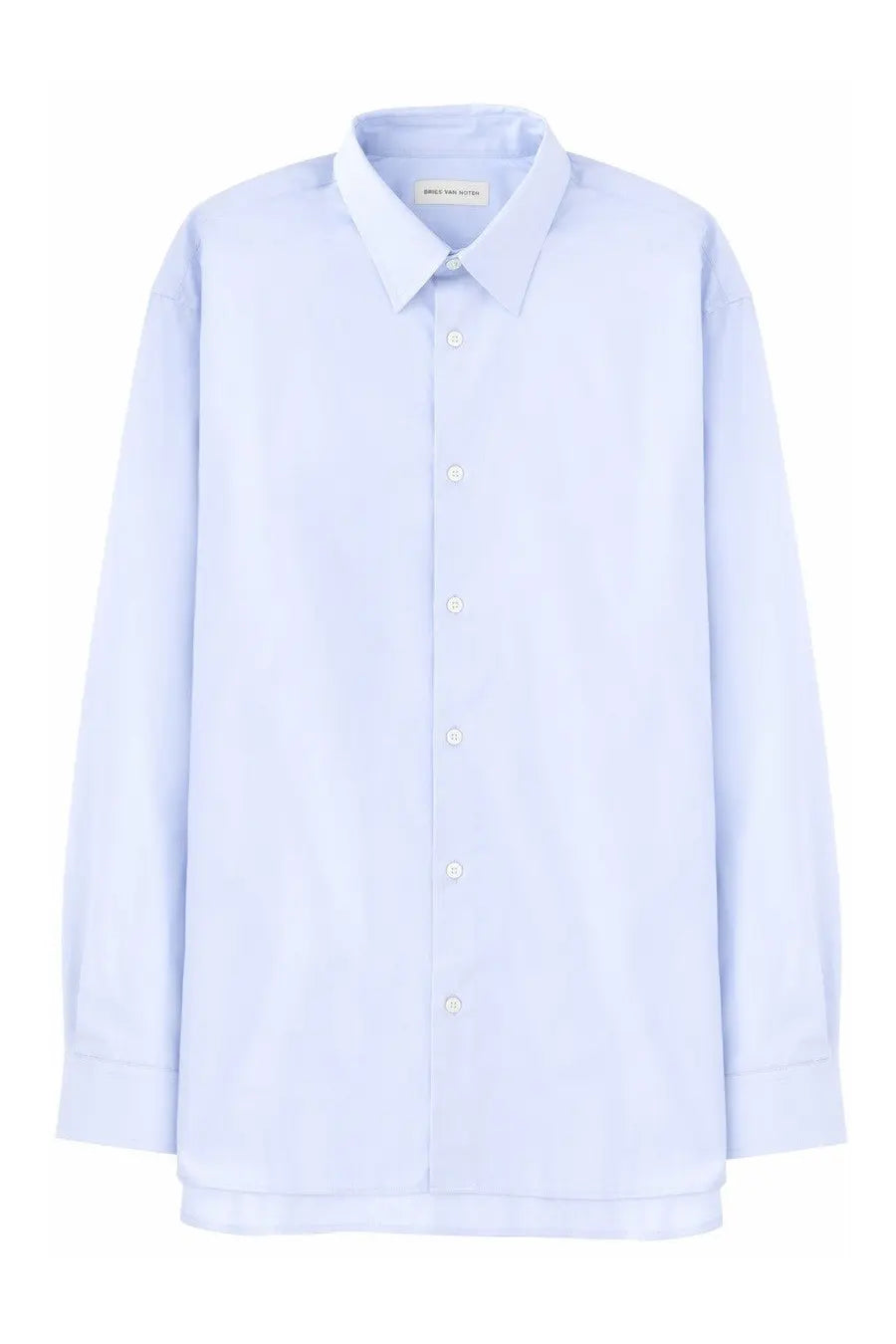 A light blue Dries Van Noten men’s shirt with long sleeves classic collar and white buttons