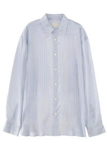 Dries Van Noten men’s button-down shirt in light blue and white stripes with subtle pastel pinstripes