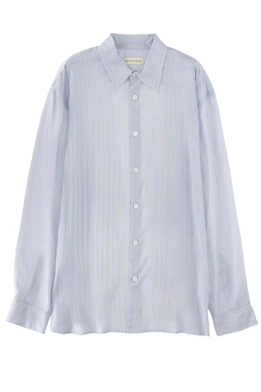 Dries Van Noten men’s shirt croom blue with light blue white vertical stripes and subtle pastel pinstripes