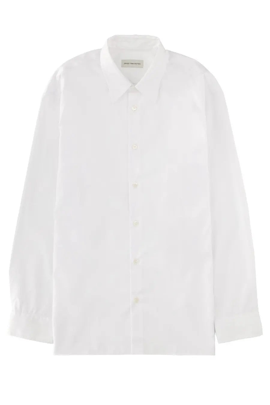 Dries Van Noten men’s white minimalist button-down shirt with clean collar and subtle textured fabric