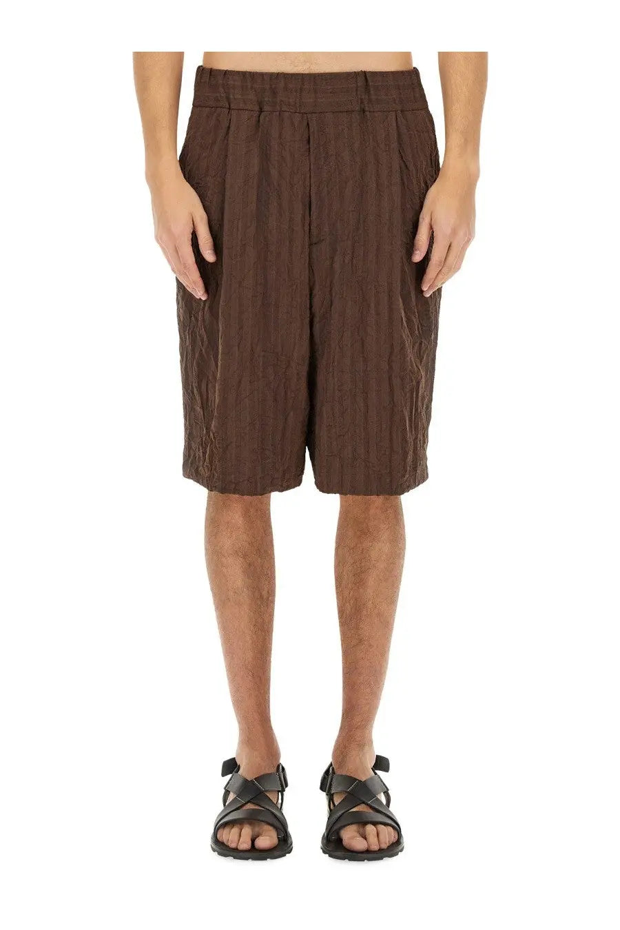 Dries Van Noten men’s short pleated brown shorts in textured woven fabric with elastic waistband