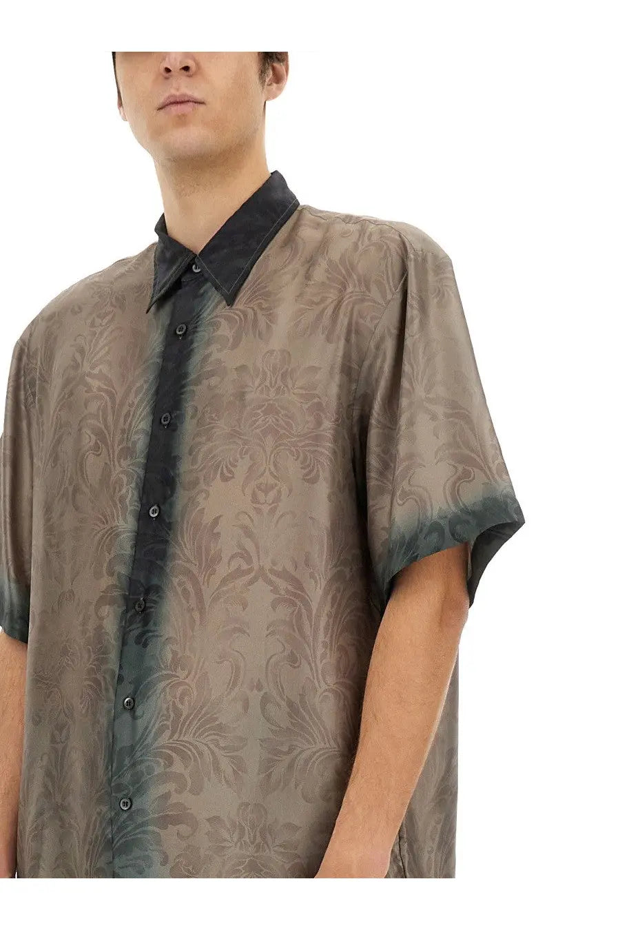 Dries Van Noten men’s short-sleeved silk shirt in muted brown and gray damask with black collar and cuffs
