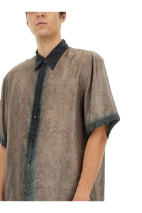 Dries Van Noten men’s short-sleeved silk shirt in muted brown and gray damask with black collar and cuffs