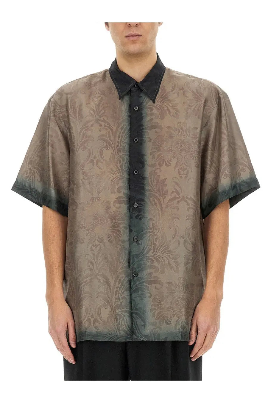 Dries Van Noten men’s short-sleeved silk shirt in translucent brown damask fabric with black collar multicolor design