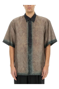 Dries Van Noten men’s short-sleeved silk shirt in translucent brown damask fabric with black collar multicolor design