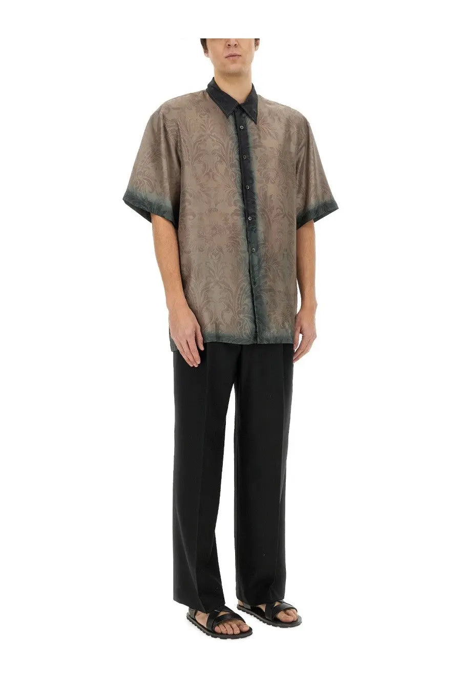 Dries Van Noten men’s silk short-sleeved shirt in muted brown with paisley pattern and dark green trim on collar and cuffs