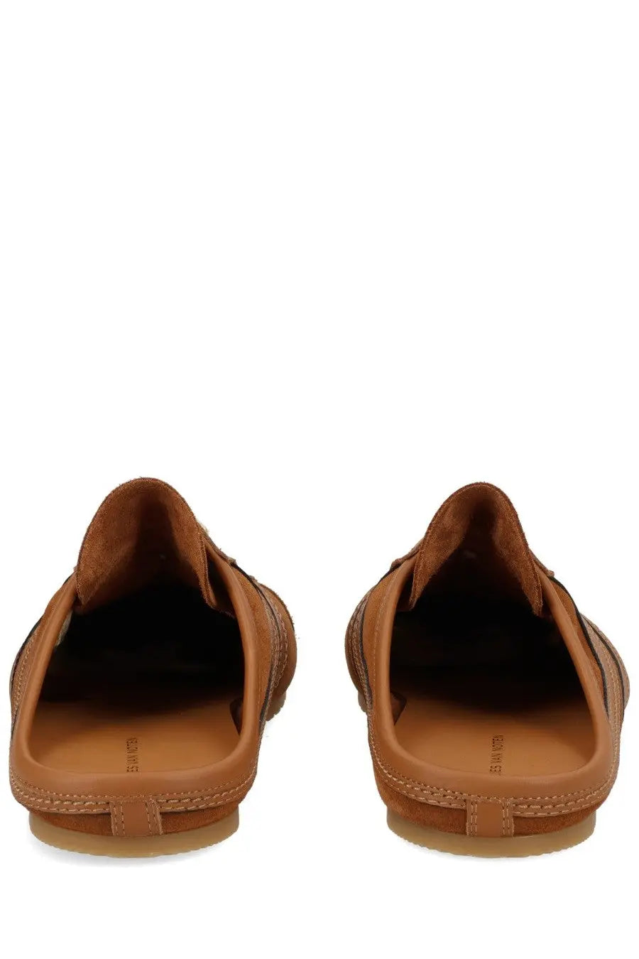 Dries Van Noten men’s sneaker mule in suede brown with tan leather, minimalist design, and subtle stitching details
