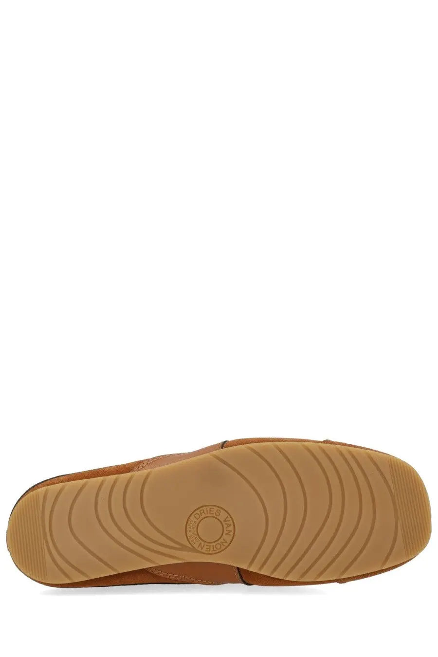 Dries van noten men’s sneaker mule in suede brown with tan leather slip-on design and concentric circular tread rubber sole