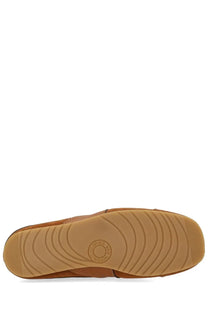 Dries van noten men’s sneaker mule in suede brown with tan leather slip-on design and concentric circular tread rubber sole
