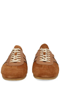 Dries van noten men’s sneaker mule in tan suede with cream laces and matching rubber sole low-top design