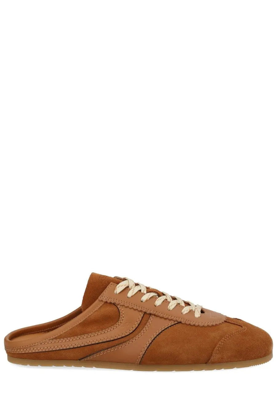 Dries Van Noten men’s tan suede slip-on sneaker mule with cream laces and minimalist design
