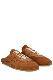Dries Van Noten men’s sneaker mule in suede brown slip-on with cream laces and rubber sole