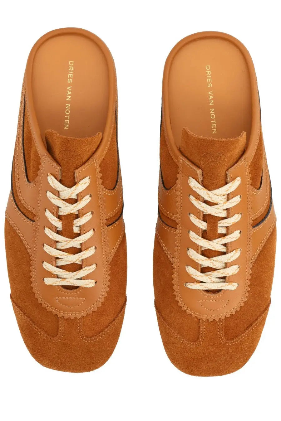 Dries van noten men’s sneaker mule in tan suede with cream laces and black piping details slip-on design