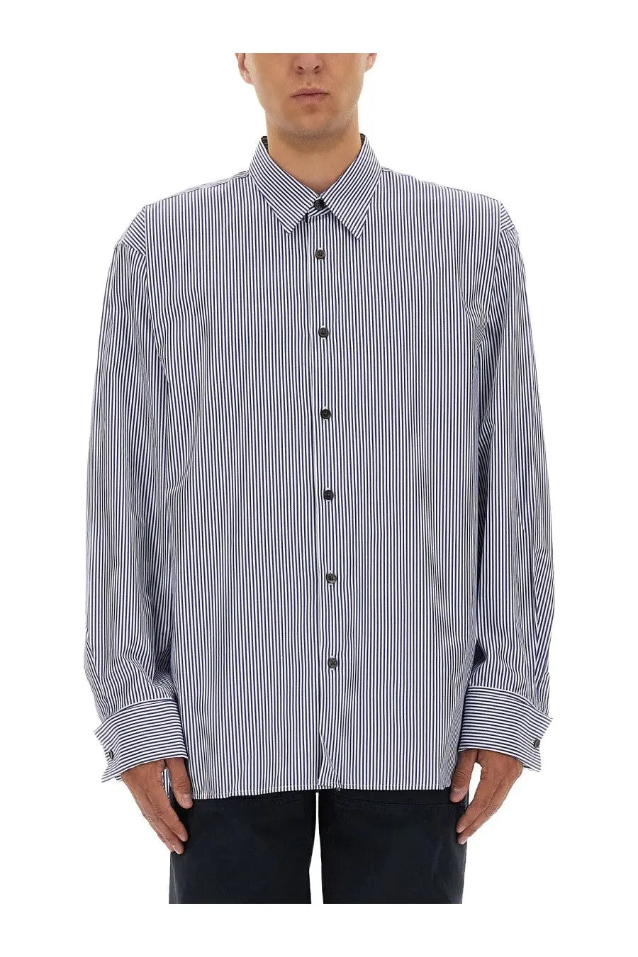 Dries van noten men’s classic long-sleeved striped shirt in navy and white vertical stripes with pointed collar and cuffs