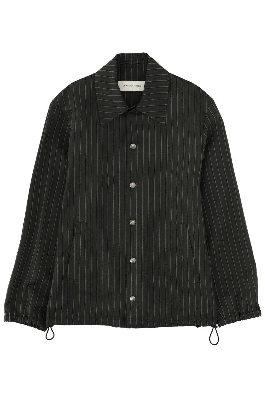 Dries Van Noten men’s Vorries jacket green black pinstripe coach jacket with silver buttons and cuff drawstrings