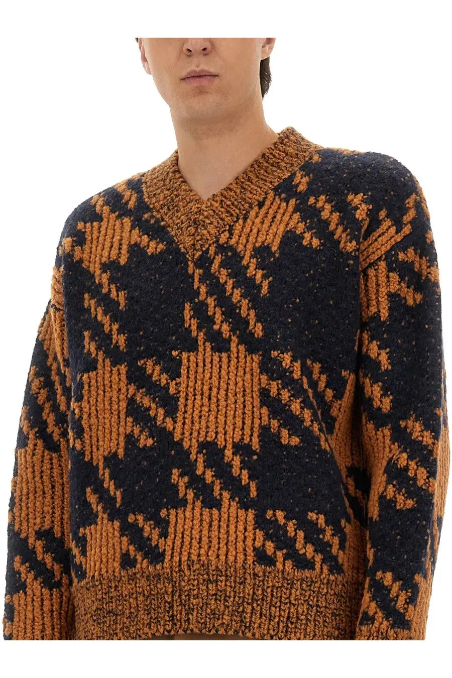 Dries Van Noten men’s wool jersey sweater with chunky knit bold geometric burnt orange and navy blue pattern