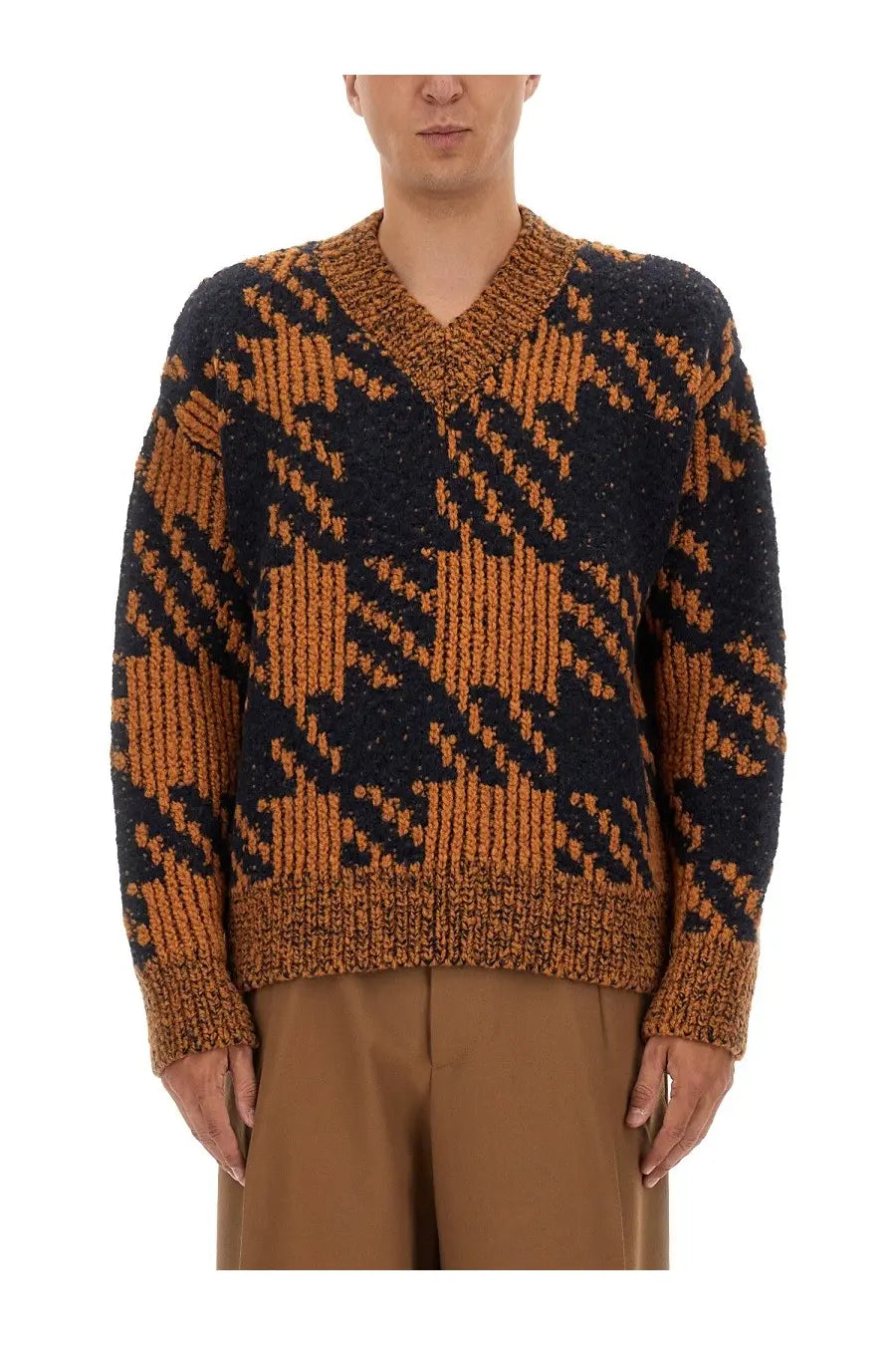 A cozy chunky-knit v-neck sweater in bold black and burnt orange plaid by Dries Van Noten men’s wool jersey multicolor