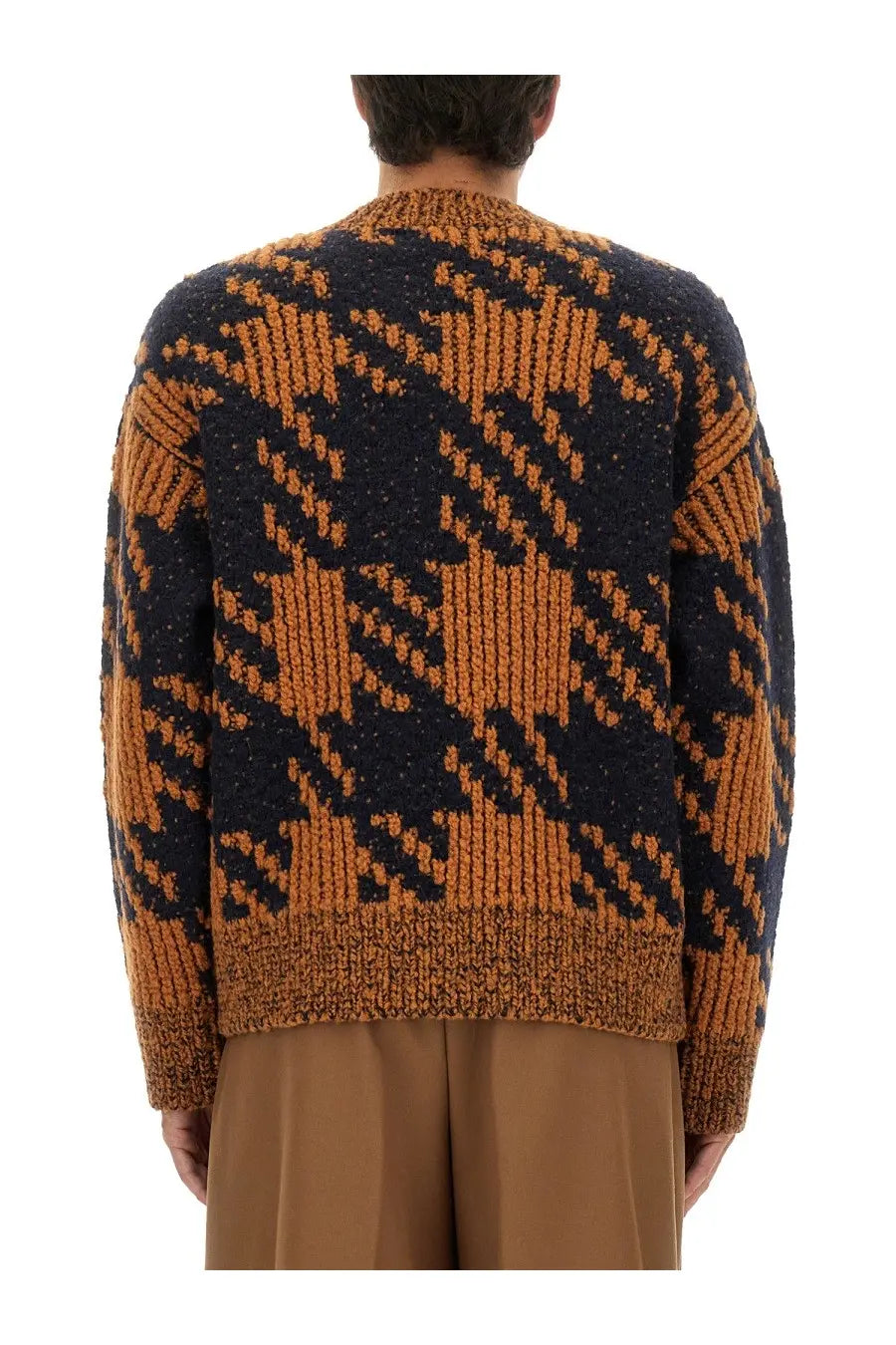 Dries van noten men’s wool jersey sweater with bold navy and burnt orange geometric pattern and ribbed cuffs and hem