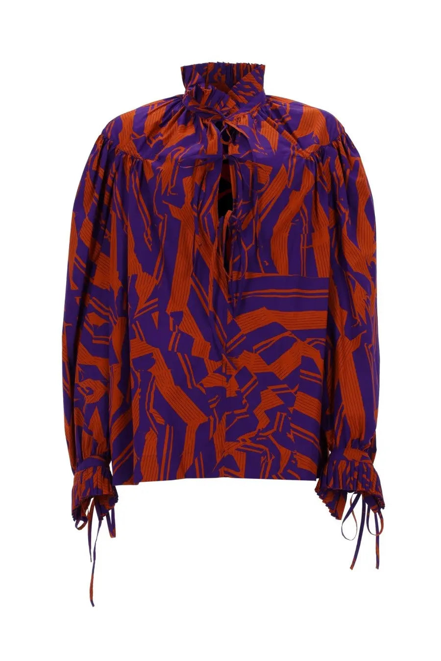 Dries Van Noten women’s blusa catya multicolor vibrant orange and purple blouse with high neckline and puffed sleeves