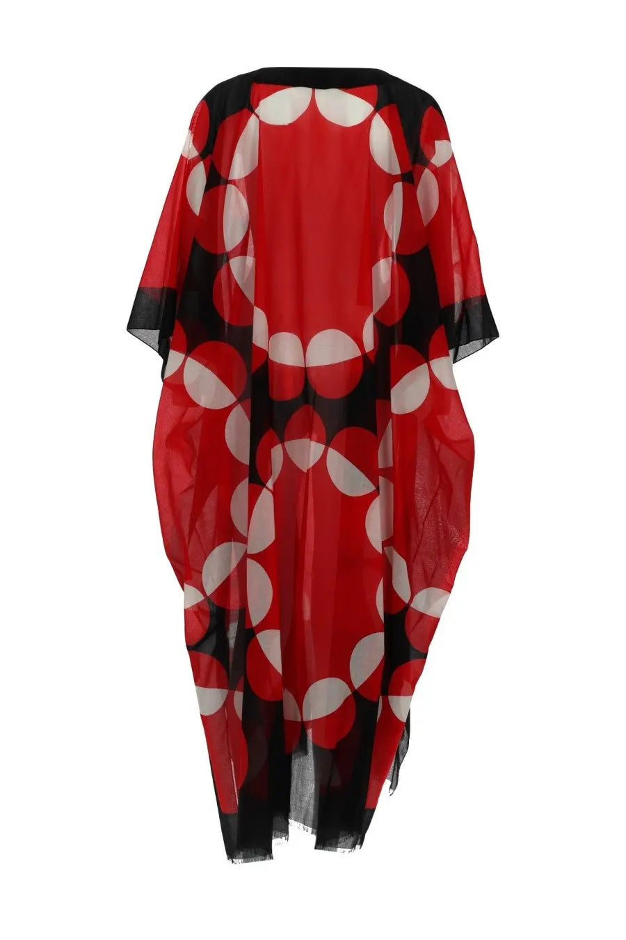 Red and black sheer caftan by Dries Van Noten with bold geometric overlapping circles in white red and black