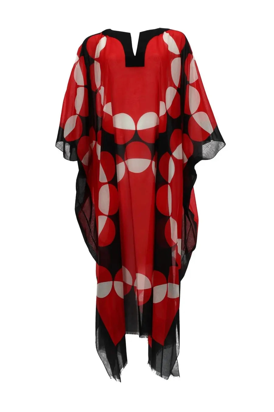 Dries Van Noten women’s flowing red and black caftano cartland with white geometric circles and sheer mesh trim