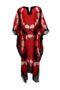 Dries Van Noten women’s flowing red and black caftano cartland with white geometric circles and sheer mesh trim
