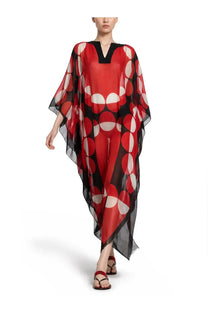 Dries Van Noten women’s caftano Cartland multicolor sheer kaftan with circular red black and white pattern and v-neckline