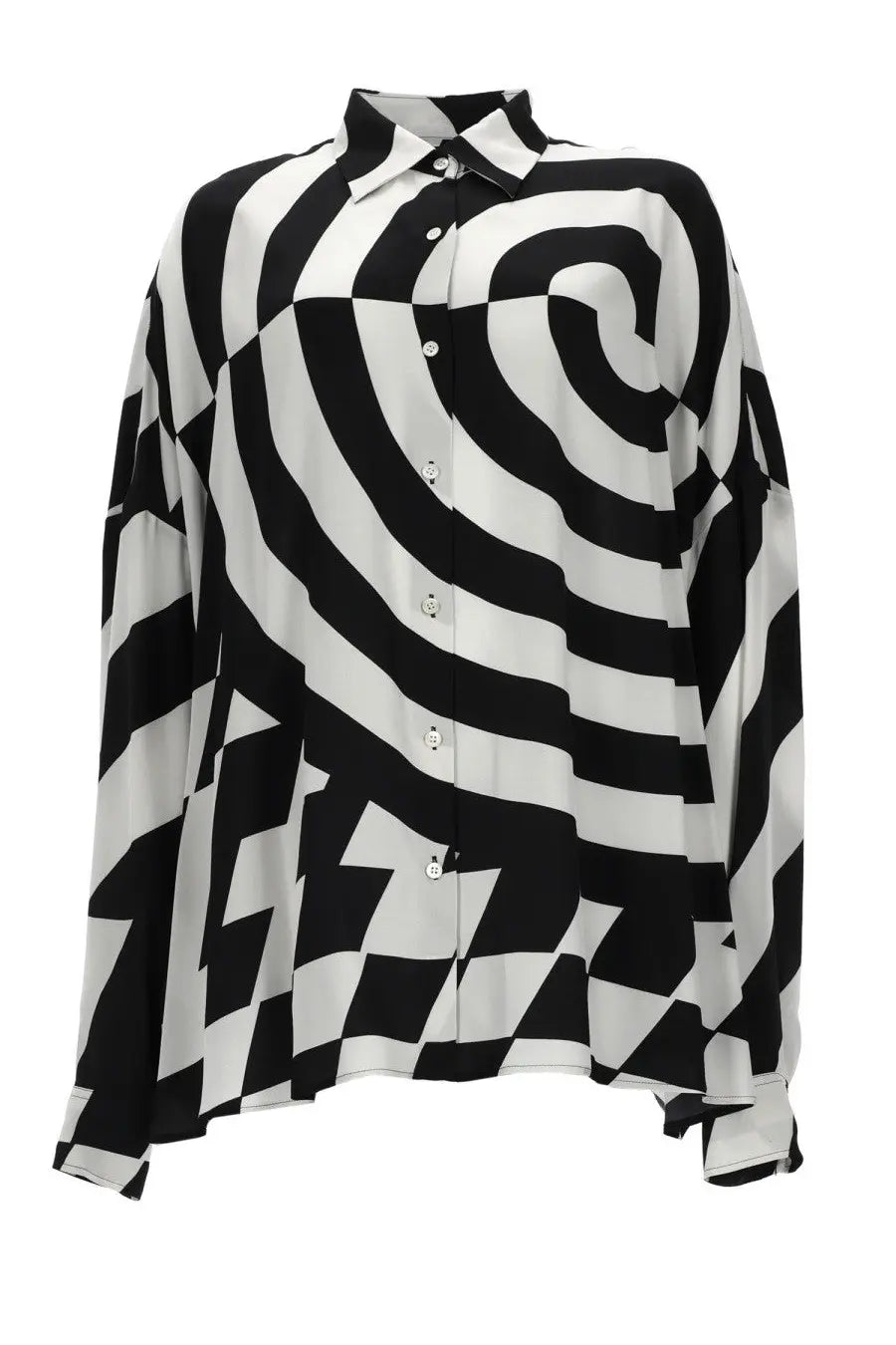 Dries Van Noten women’s camicia Casia blouse with black and white abstract spiral pattern, classic collar, button-down front