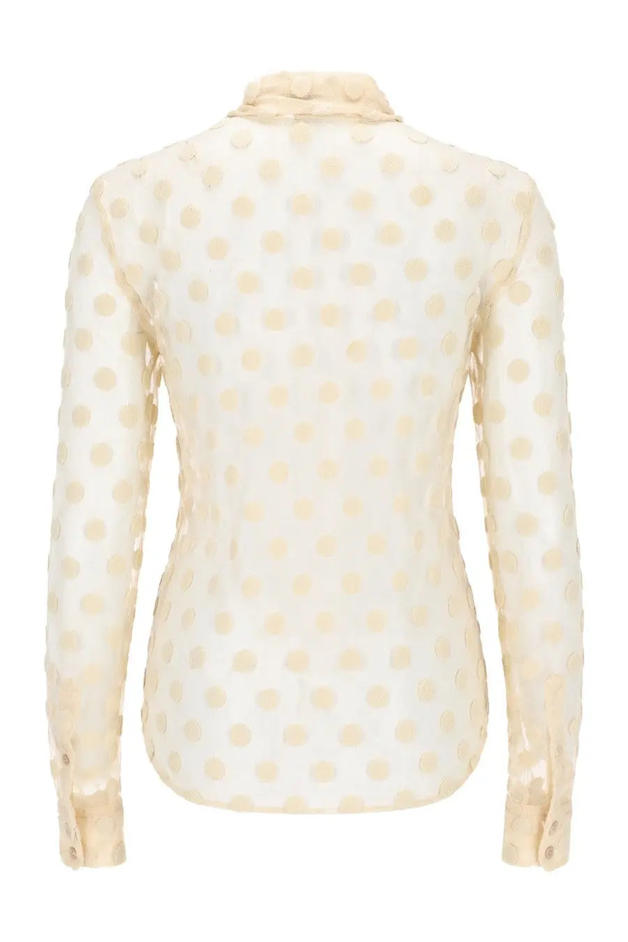 Cream-colored dries van noten women’s camicia blouse in sheer mesh fabric with subtle polka dot pattern