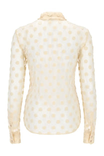 Cream-colored dries van noten women’s camicia blouse in sheer mesh fabric with subtle polka dot pattern