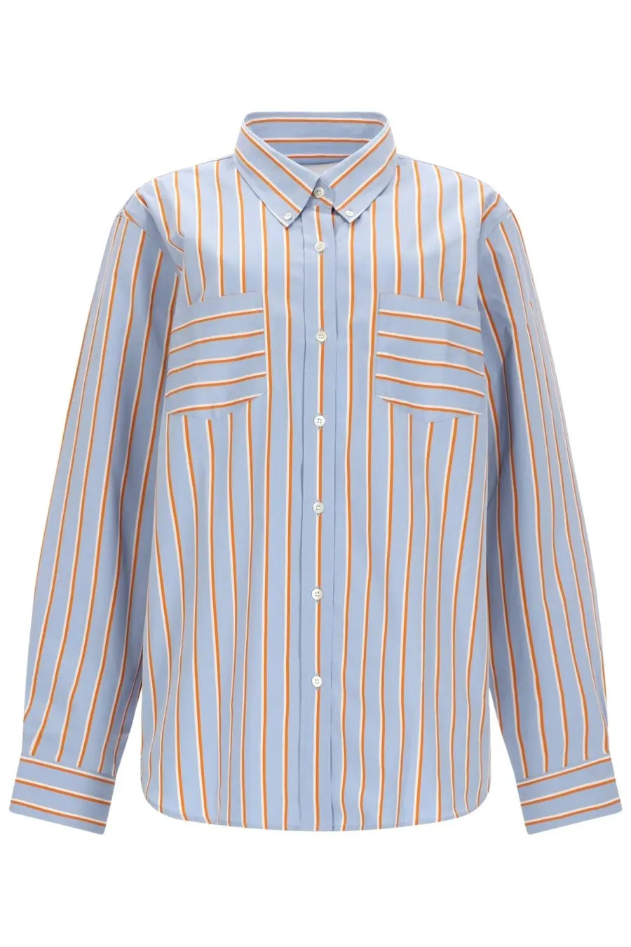 Dries Van Noten women’s long-sleeved button-down shirt with light blue and orange vertical stripes and classic collar