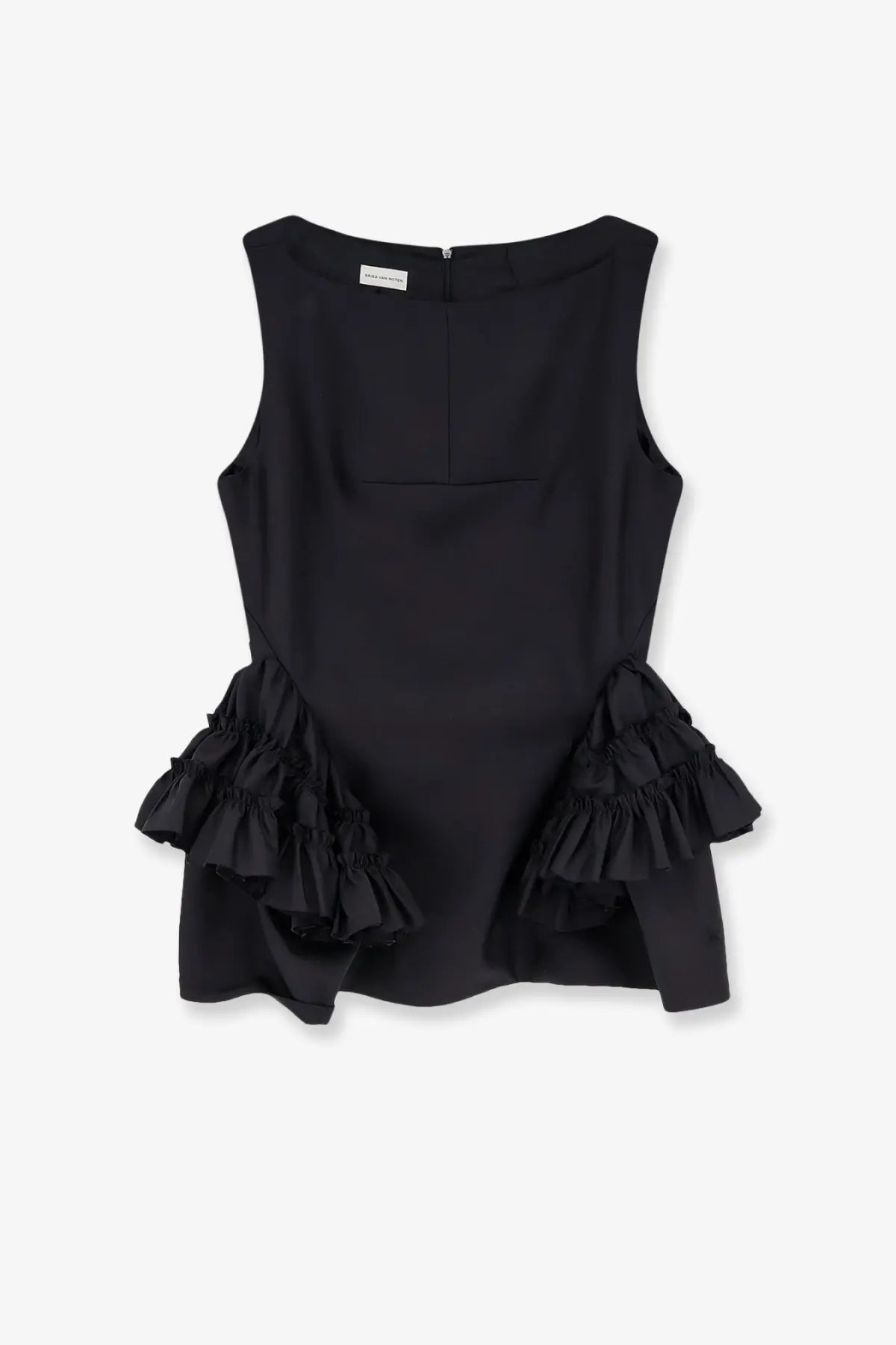 Dries Van Noten women’s black wool and silk sleeveless top with layered ruffled detailing at the hem