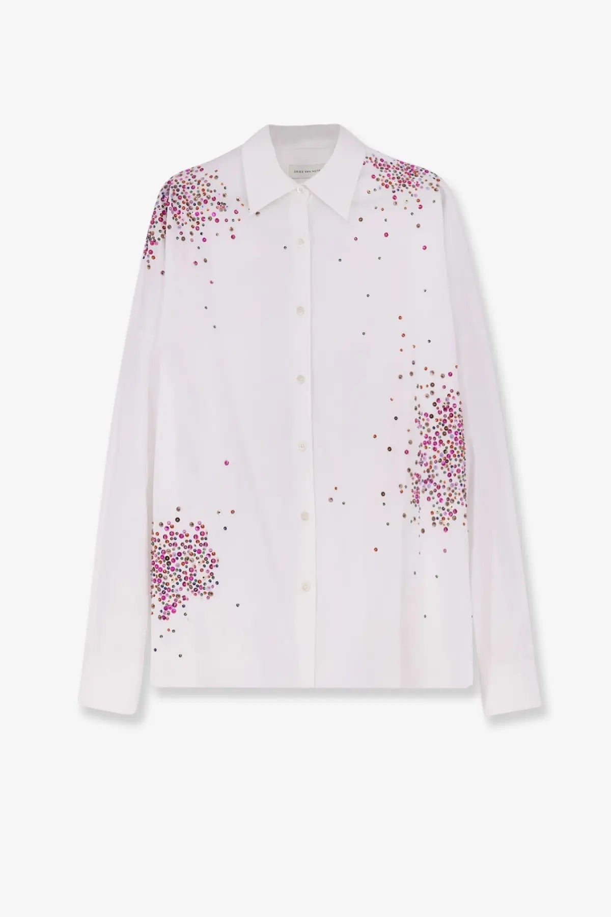 Dries Van Noten women’s white cotton button-down shirt with pink and purple sequin clusters on shoulders sleeves and front