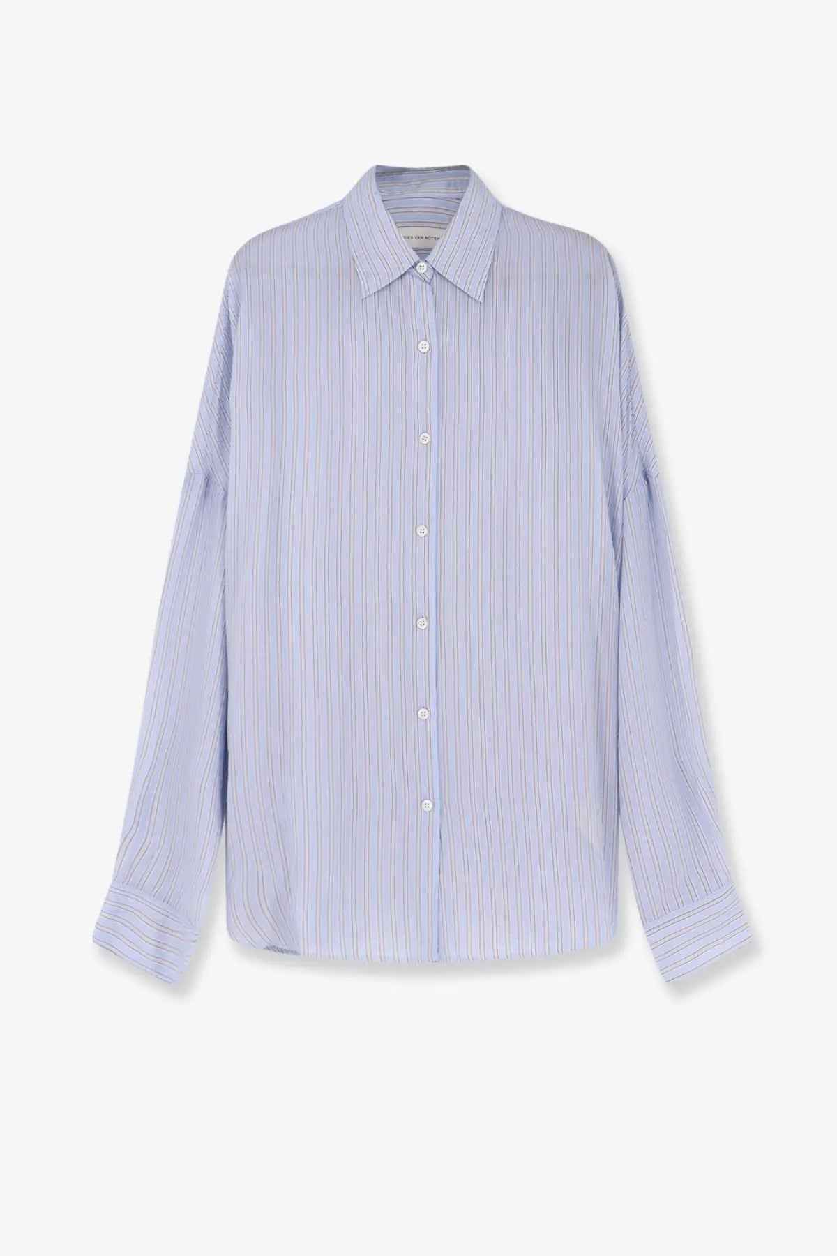 Dries van noten women’s casia blue light blue and white striped long-sleeved cupro button-up shirt with classic collar